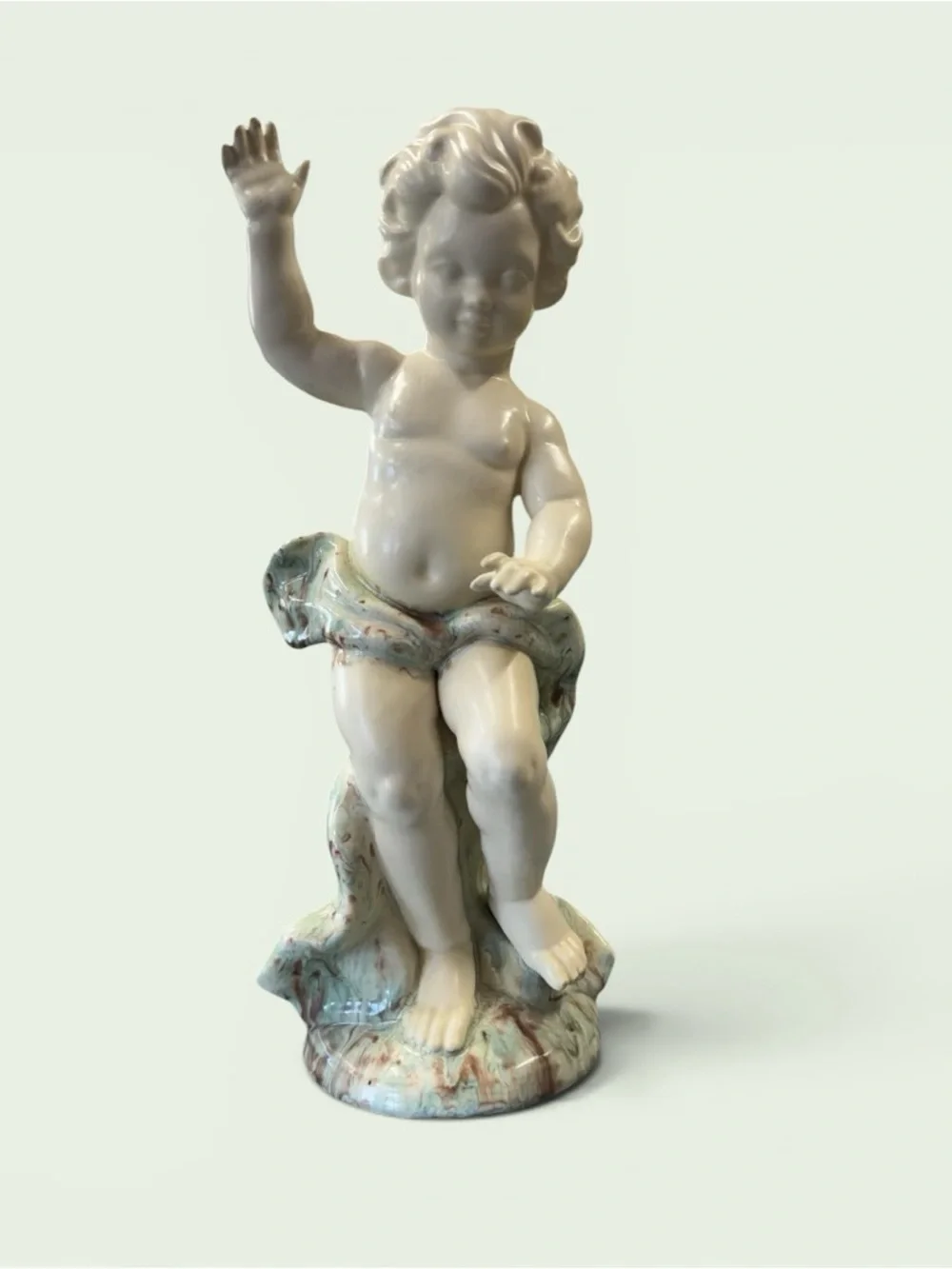 Vintage Cream Ceramic Cherub Figurine with Pale Aqua Drapery 16” x 6”